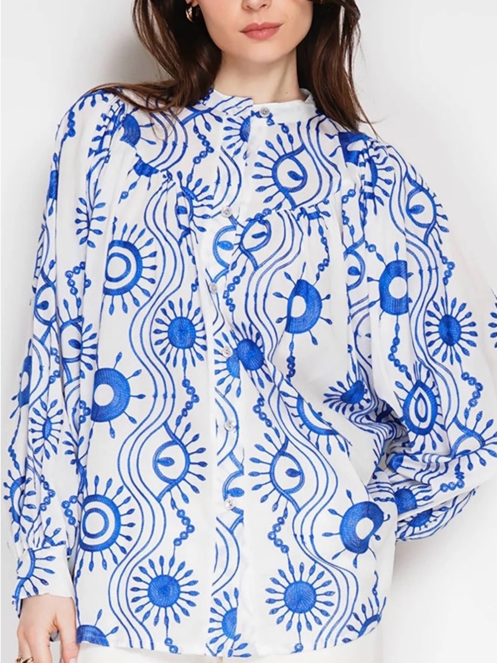 Embroidered Blue & White Long-Sleeve Women’s Top Unique Evil Eye 🧿